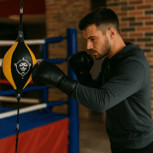 Ballon de frappe double élastique pour entraînement de vitesse en boxe, MMA et Muay Thai. Sac de frappe en cuir PU durable avec élastiques ajustables pour un entraînement précis et efficace, homme 30 ans, brun, barbe deux jours, à l'entrainement devant ring et mur de briques, s'entrainement sur le ballon modèle jaune et noir