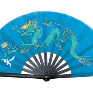 eventail de kungfu et tai chi en bambou et tissu de couleur bleu avec un dragon vert dessus