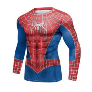 Maillot manche longue de Compression spiderman pour la pratique du MMA pour hommes avec araignée au milieu du torse, et de couleur rouge et bleu