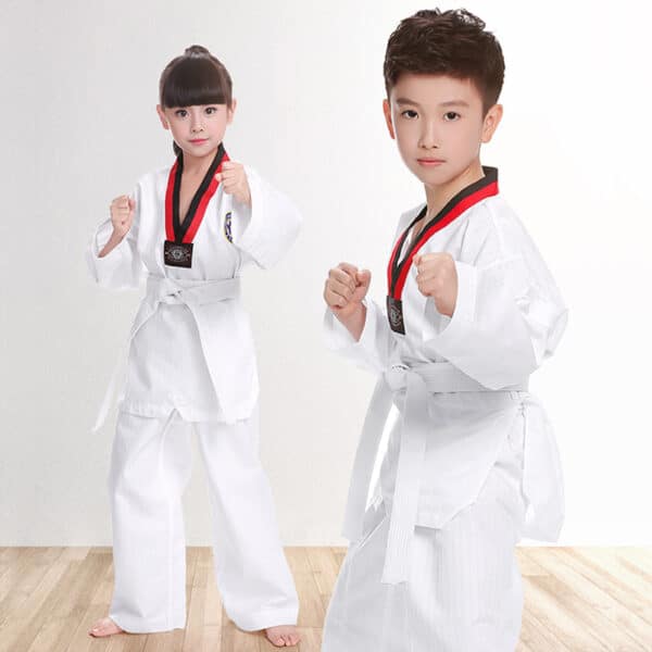 Uniforme blanc de taekwondo à manches longues pour enfants et adultes