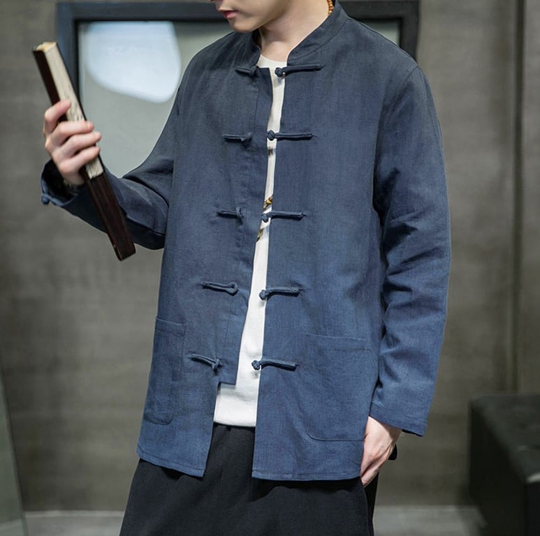 Veste traditionnelle de Tai Chi bleu foncé à manches longues en