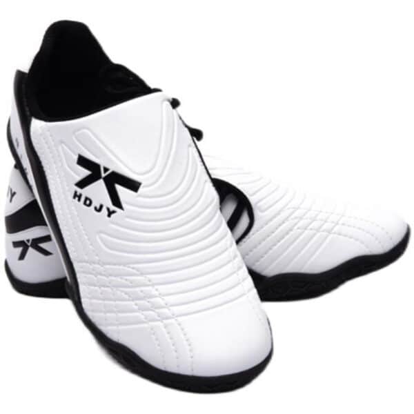 Une paire chaussures de tai chi blanche et noire posée sur un fond blanc.