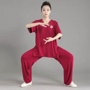 Uniforme estival de kung fu avec col en v pour femme sur fond gris