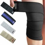 Bandage élastique de compression pour genoux pour pratique de sport présenté en plusieurs couleurs , dont le noir installé sur un genoux