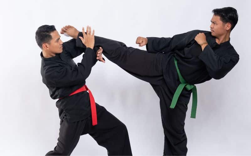 Deux homme en kimono noir avec une ceinture rouge et l'autre une ceinture verte, pratiquant la Box Thaï.
