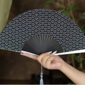 Éventail Japonais Pliable Motif Vagues Noir 2